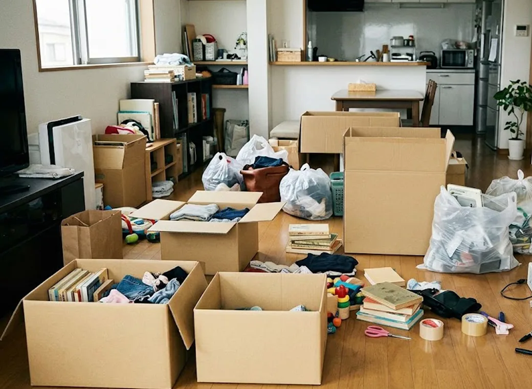 宮崎県 ゴミ屋敷片付け 段ボールと袋に分別中のお部屋